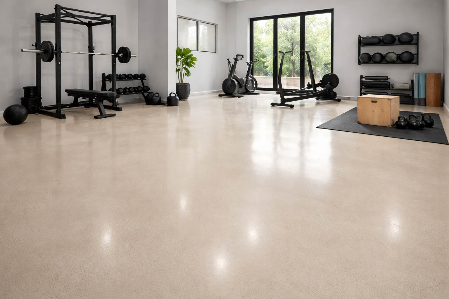 Polished concrete floor for a home gym